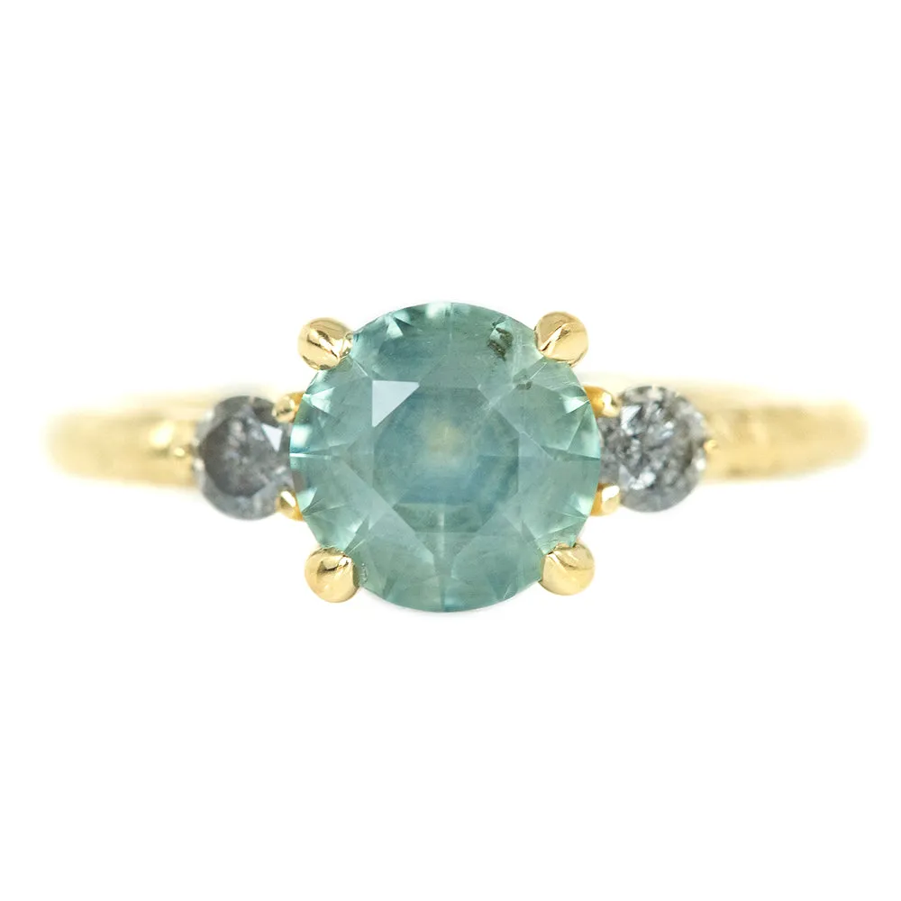 1.52ct Round Minty Montana Sapphire Three Stone Ring With Grey Diamond Side Stone In 14k Yellow Gold