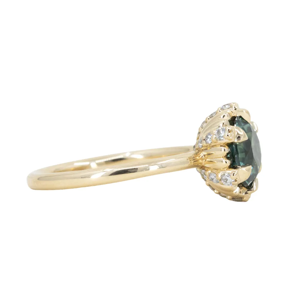 2.29ct Teal Montana Sapphire Scallop Cup Solitaire with Hidden Halo in 14k Yellow Gold