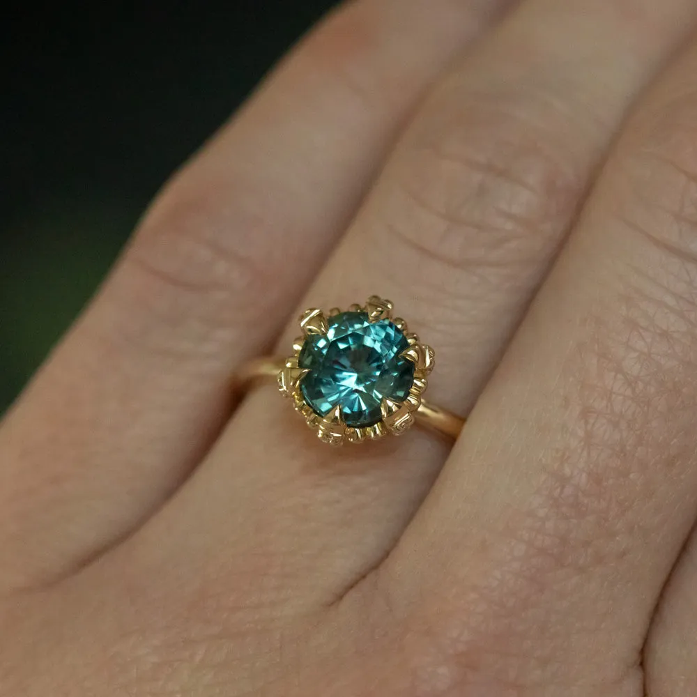 2.29ct Teal Montana Sapphire Scallop Cup Solitaire with Hidden Halo in 14k Yellow Gold