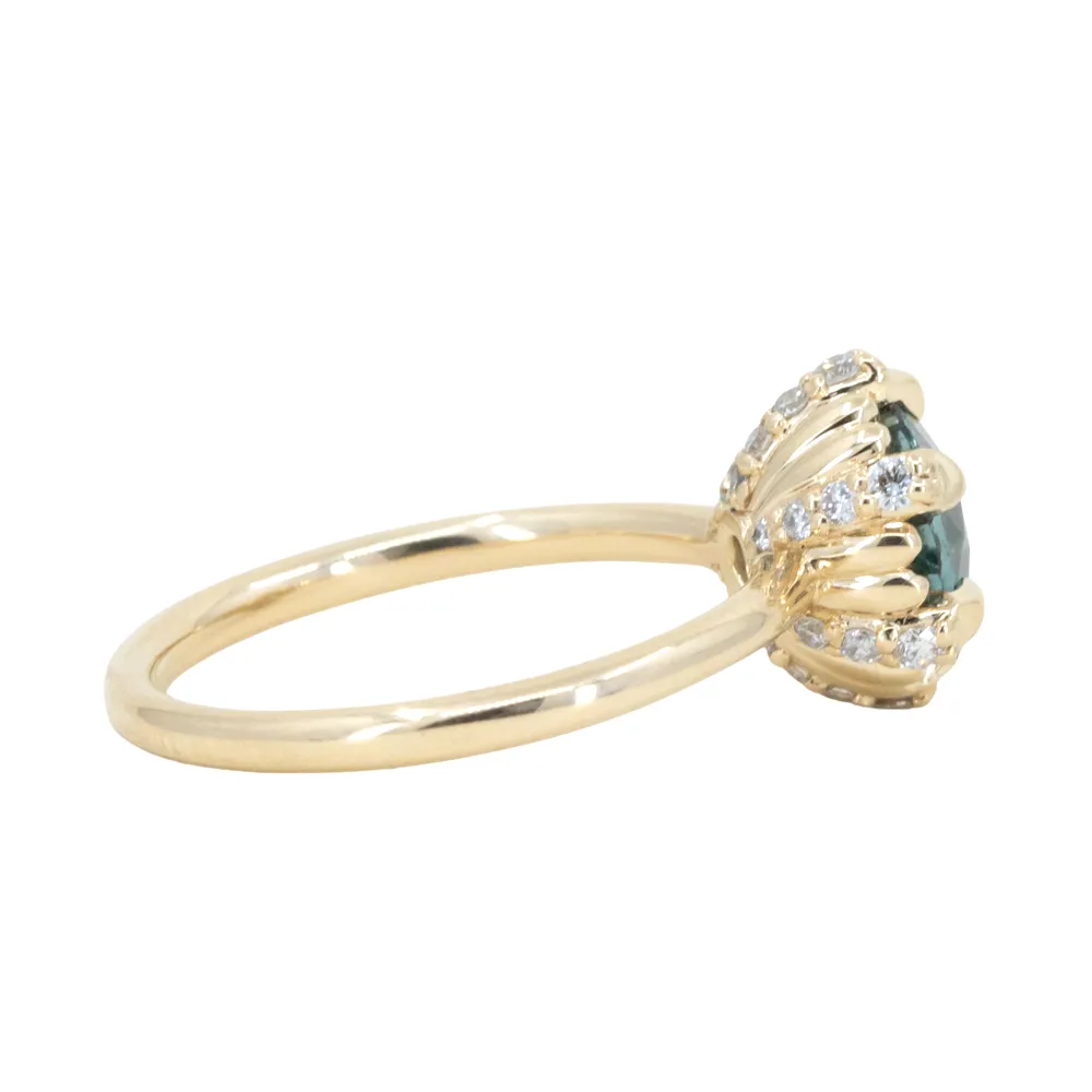 2.29ct Teal Montana Sapphire Scallop Cup Solitaire with Hidden Halo in 14k Yellow Gold