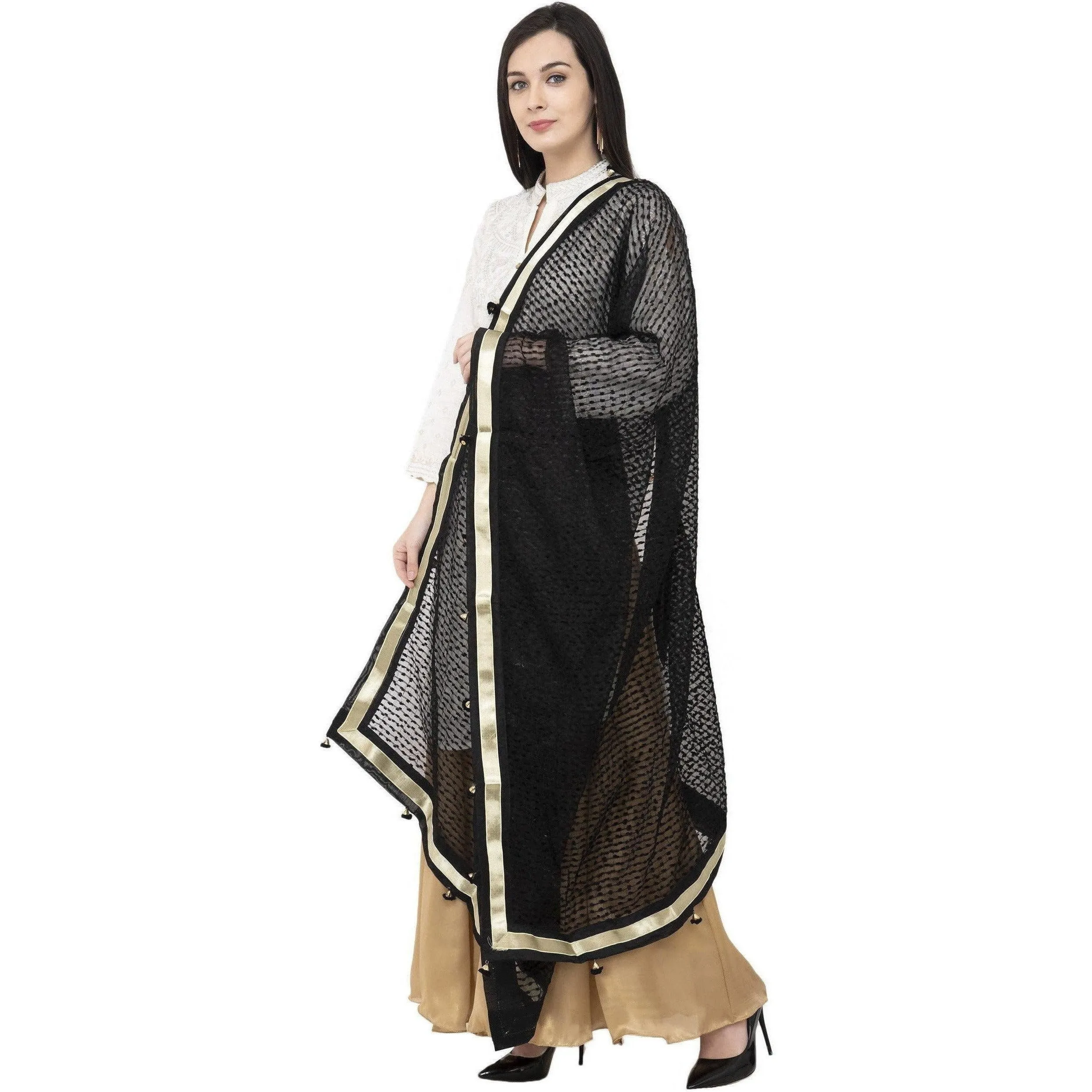 A R Silk Payal Pum Pum Fancy Dupatta Black Color Dupatta or Chunni