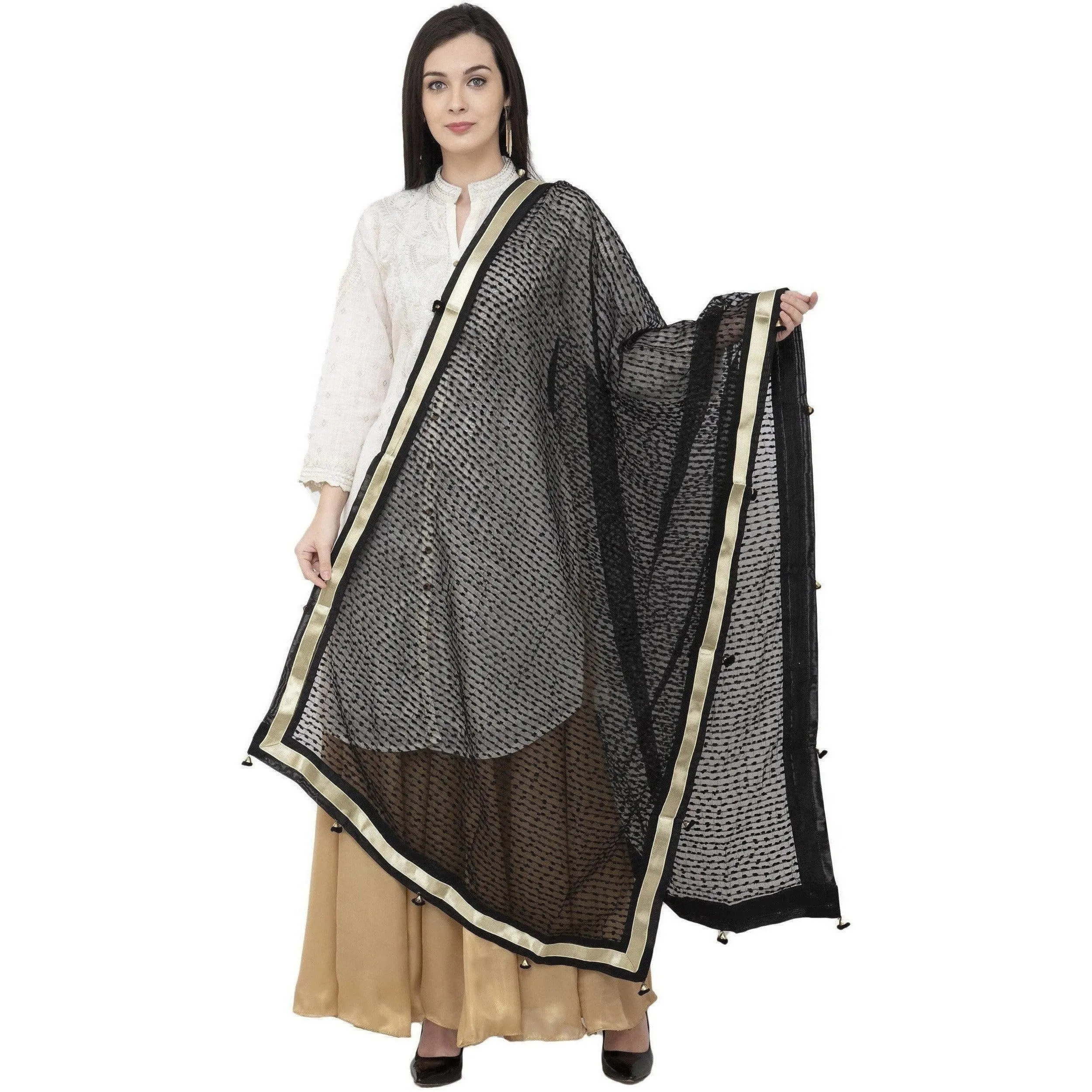 A R Silk Payal Pum Pum Fancy Dupatta Black Color Dupatta or Chunni