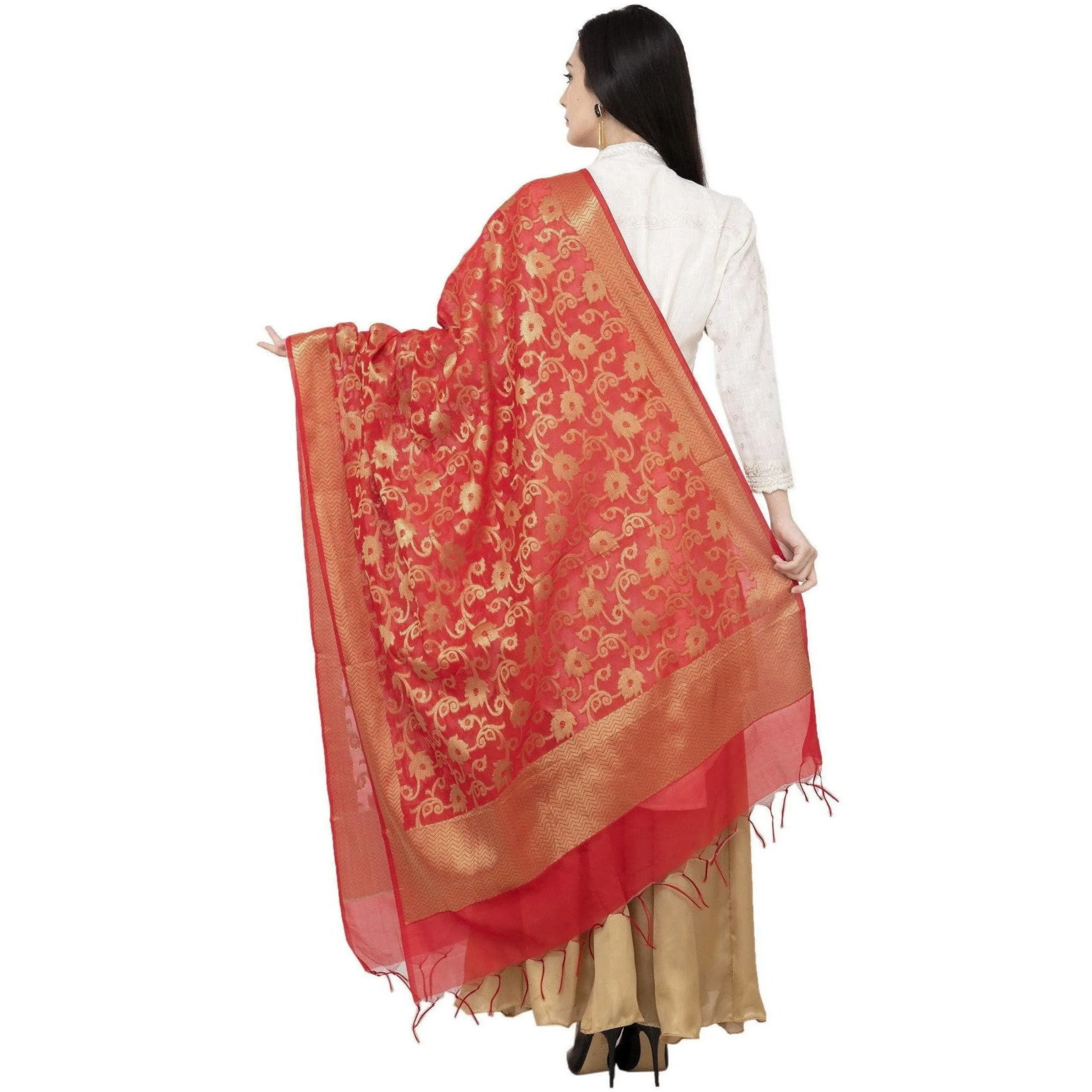 A R Silk VNS Jaal Fancy Dupatta Color Red Dupatta or Chunni