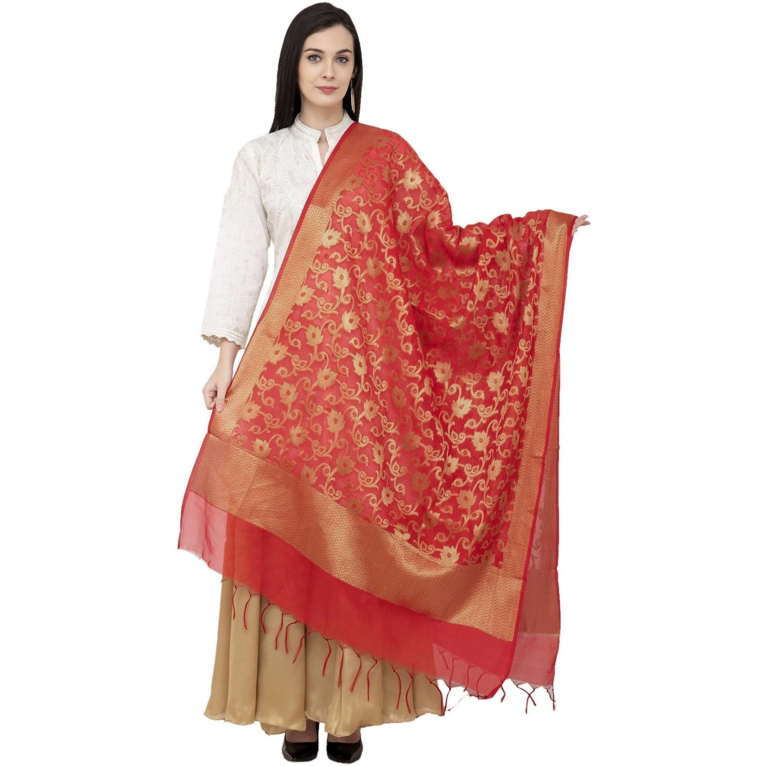 A R Silk VNS Jaal Fancy Dupatta Color Red Dupatta or Chunni