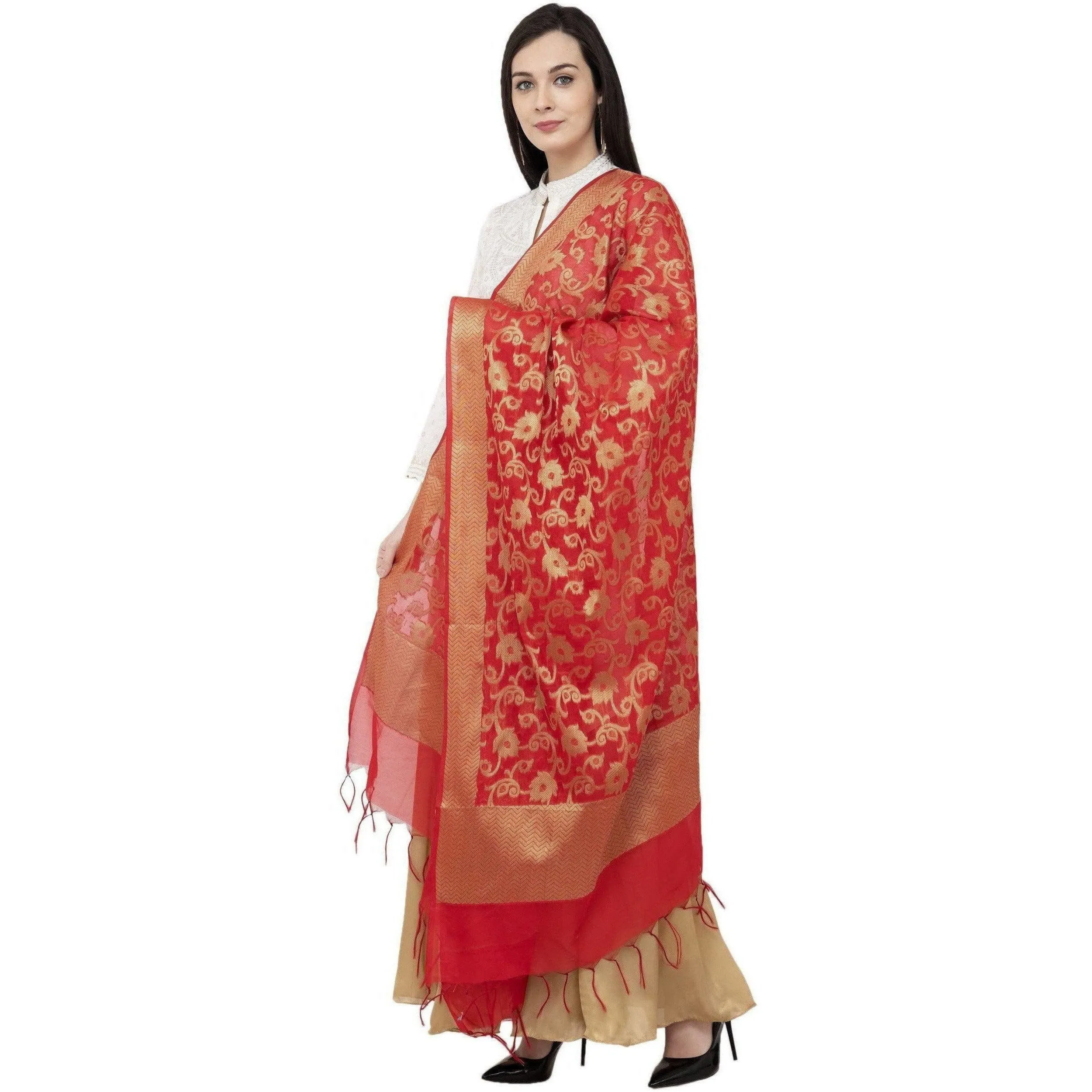 A R Silk VNS Jaal Fancy Dupatta Color Red Dupatta or Chunni