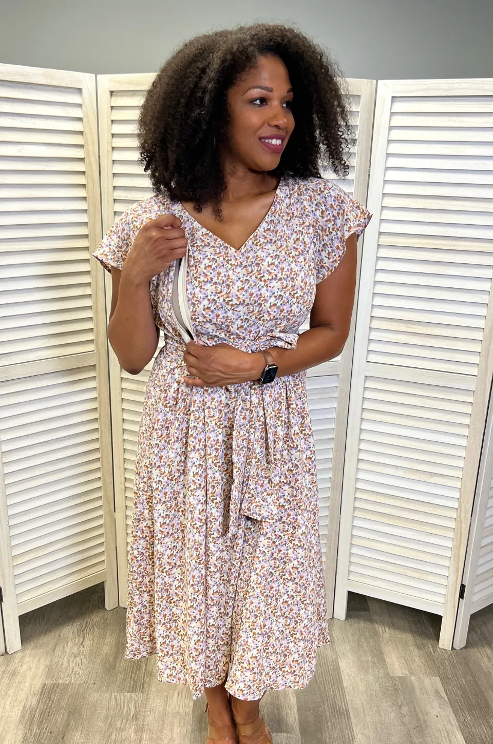 Belted Nursing Midi with Pockets- Beige Floral