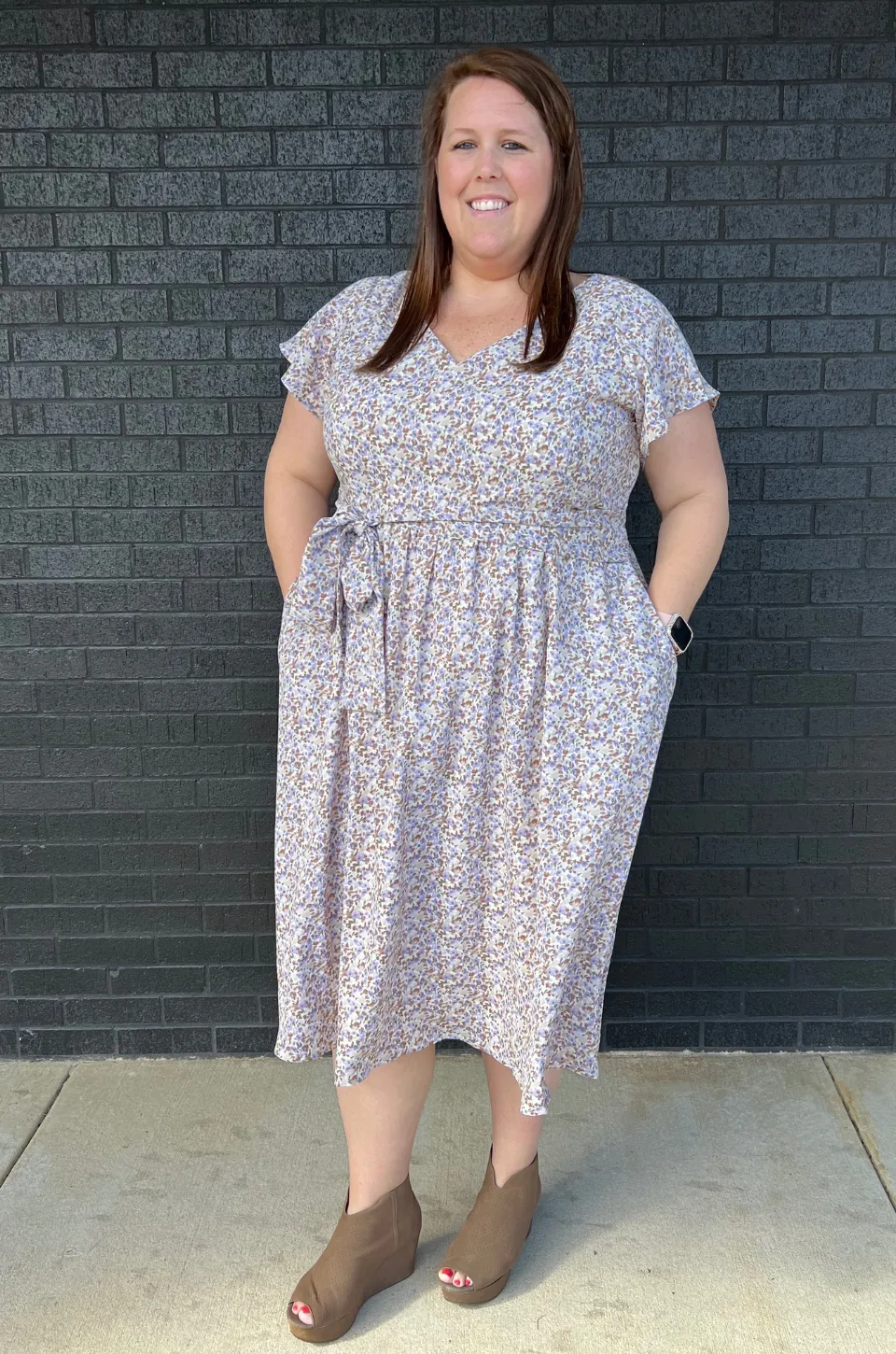 Belted Nursing Midi with Pockets- Beige Floral