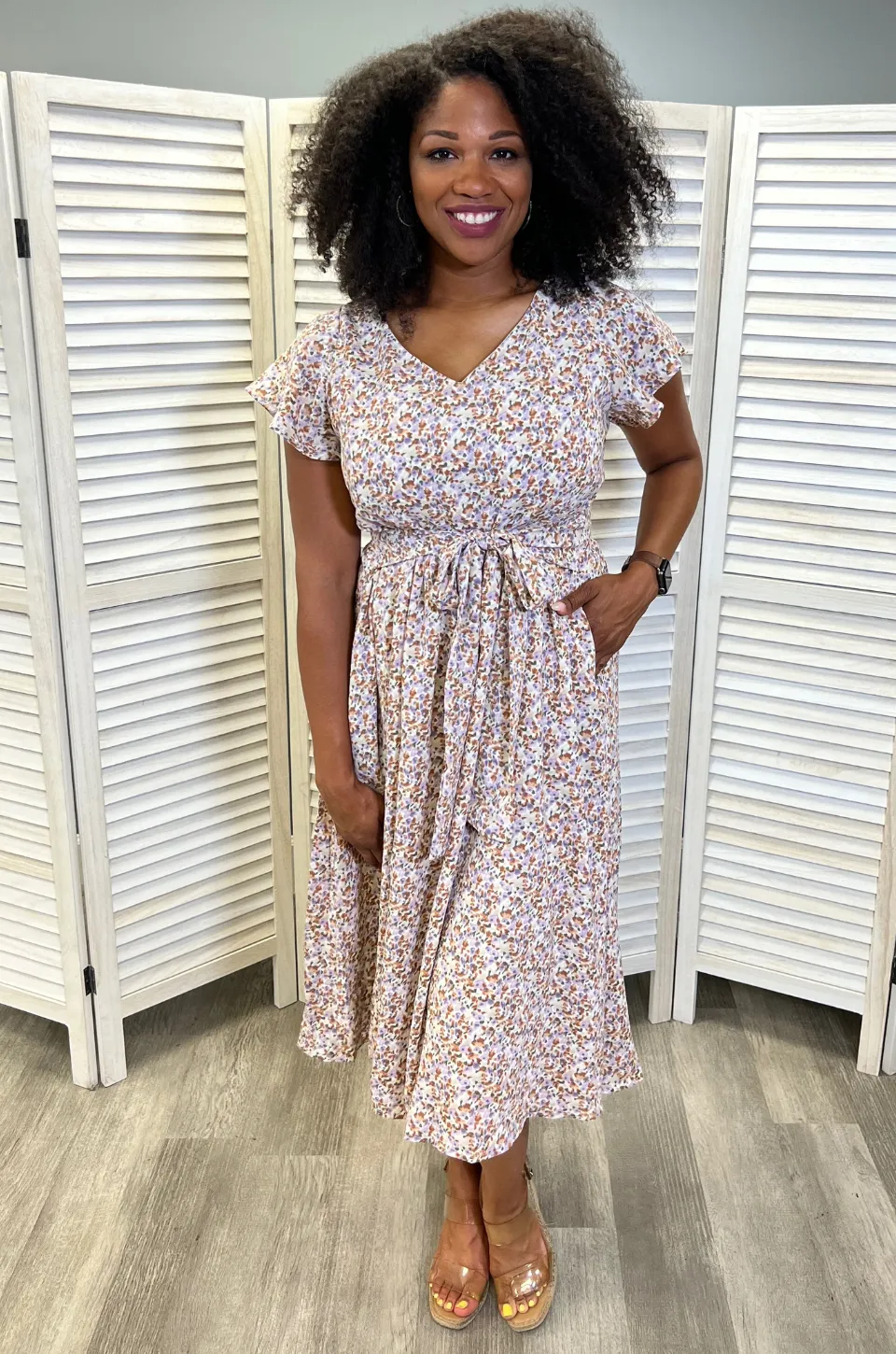 Belted Nursing Midi with Pockets- Beige Floral