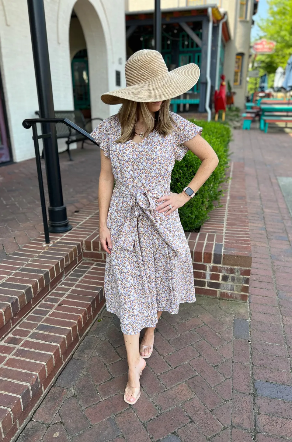 Belted Nursing Midi with Pockets- Beige Floral