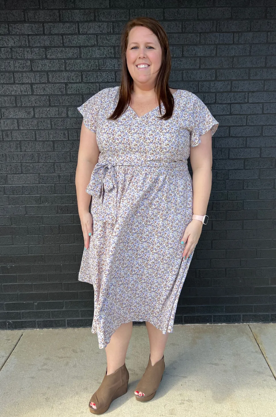 Belted Nursing Midi with Pockets- Beige Floral