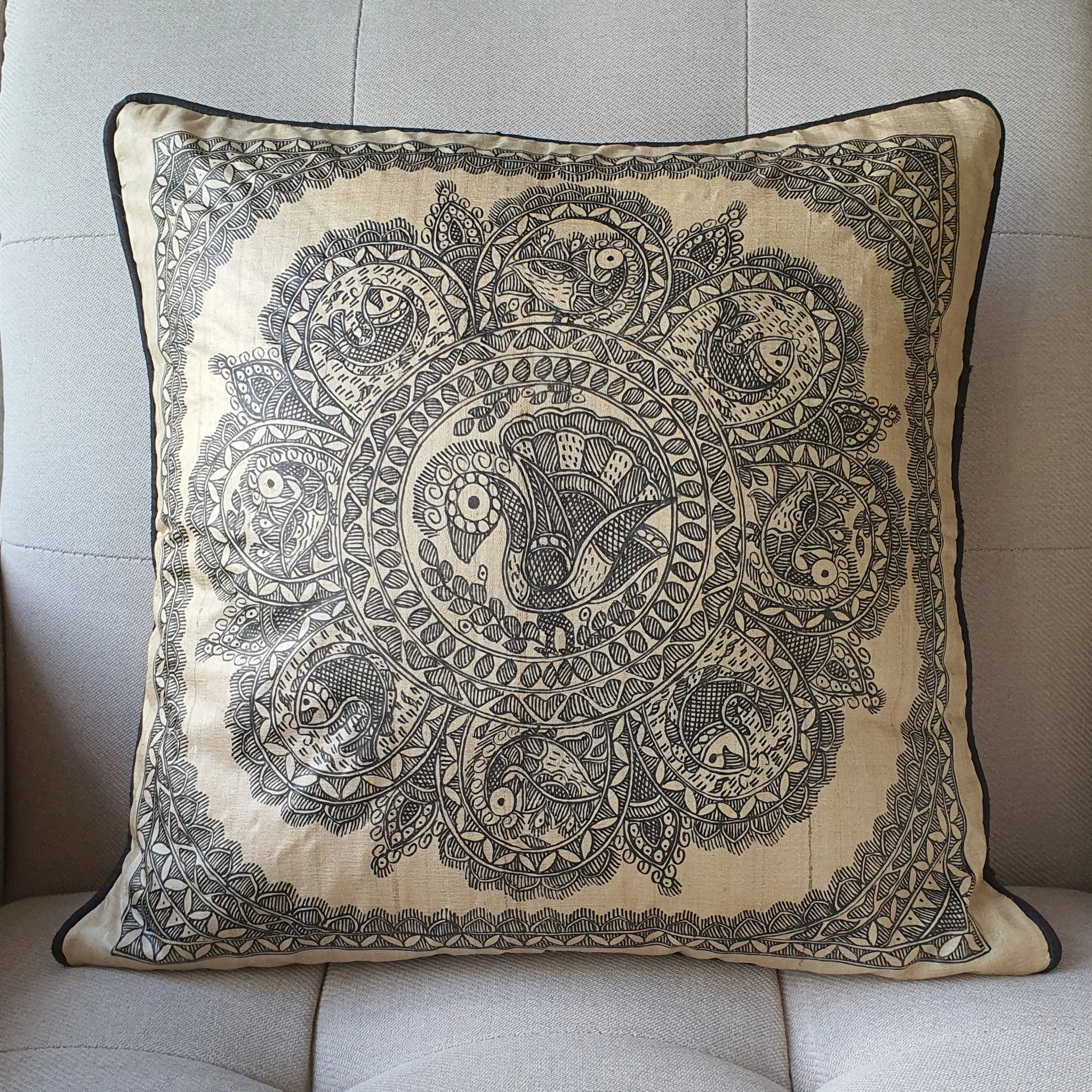 Black and Beige Hand Painted Madhubani Cushion Cover