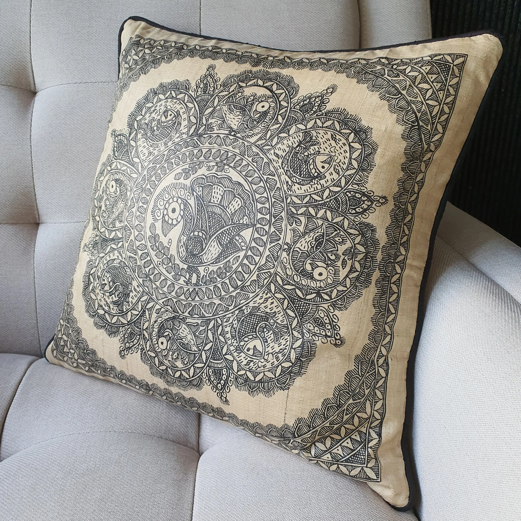 Black and Beige Hand Painted Madhubani Cushion Cover