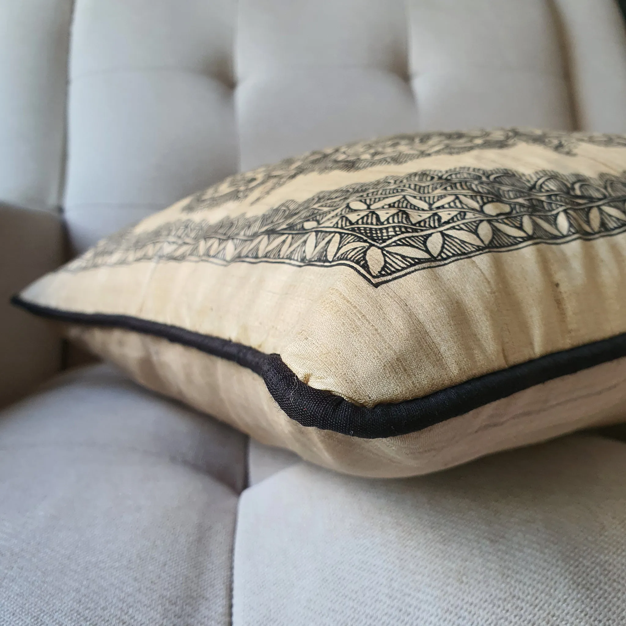 Black and Beige Hand Painted Madhubani Cushion Cover