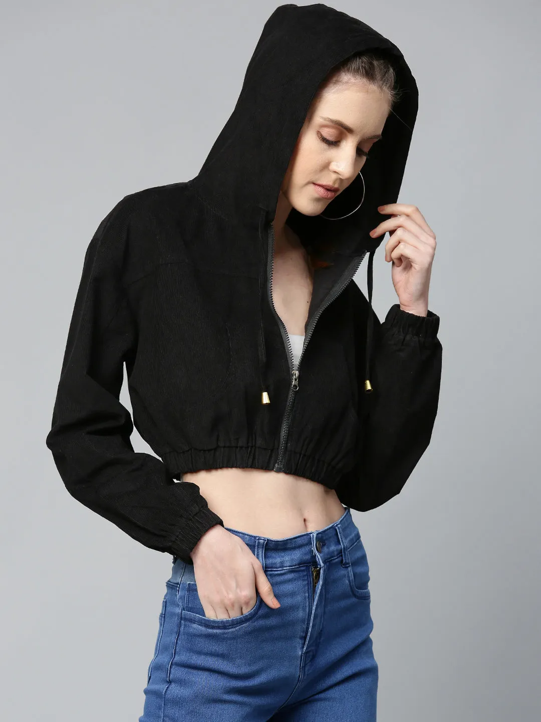 Black Hooded Boxy Corduroy Crop Jacket