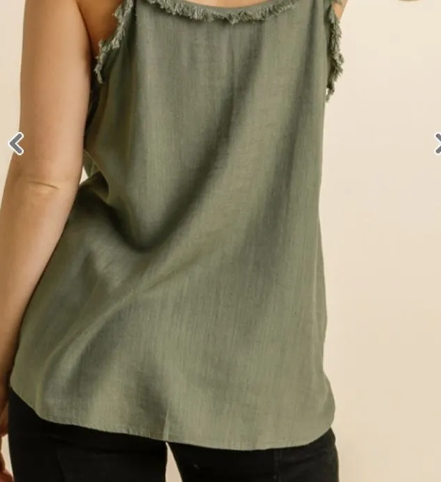 Black Linen Spaghetti Strap Tank with Tie Front