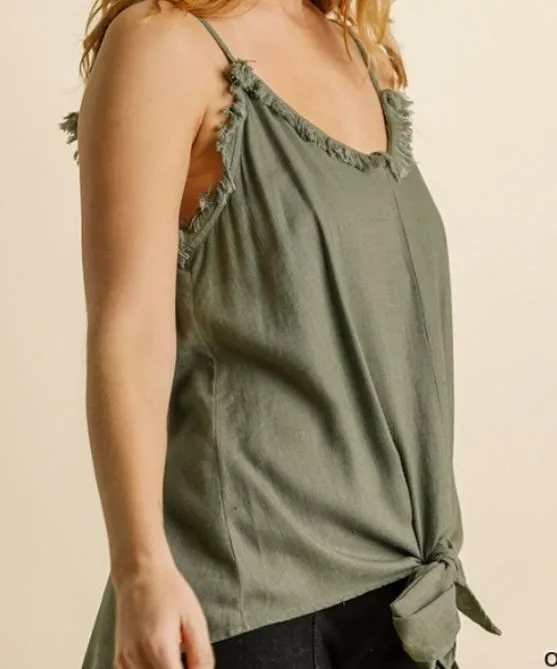 Black Linen Spaghetti Strap Tank with Tie Front