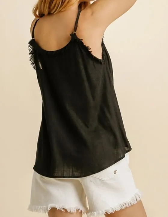 Black Linen Spaghetti Strap Tank with Tie Front