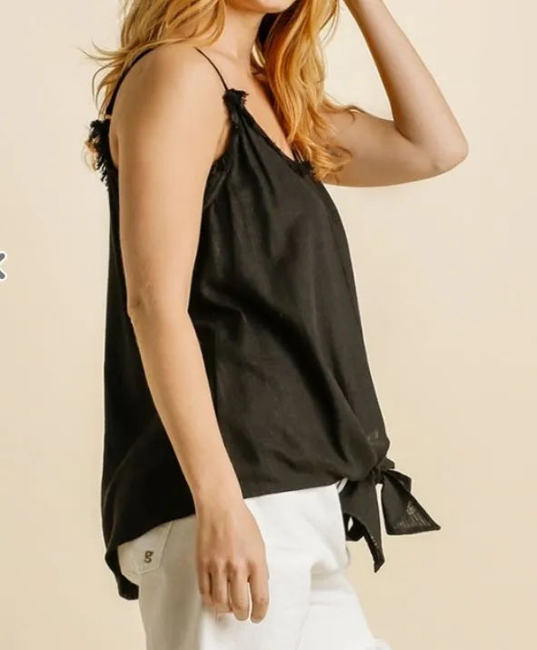 Black Linen Spaghetti Strap Tank with Tie Front