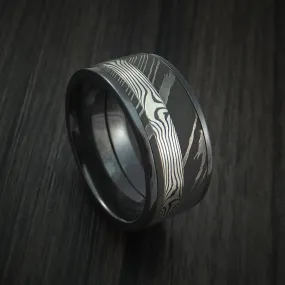 Black Titanium and Damascus Steel Band with Silver Mokume Gane Shakudo Custom Made Men's Ring