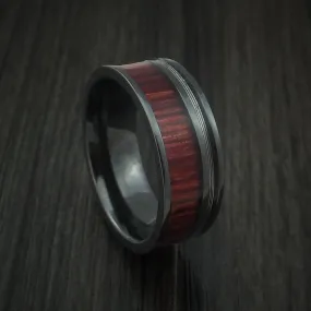 Black Titanium Men's Ring with Guitar String and Red Heart Wood Inlays Custom Made Band