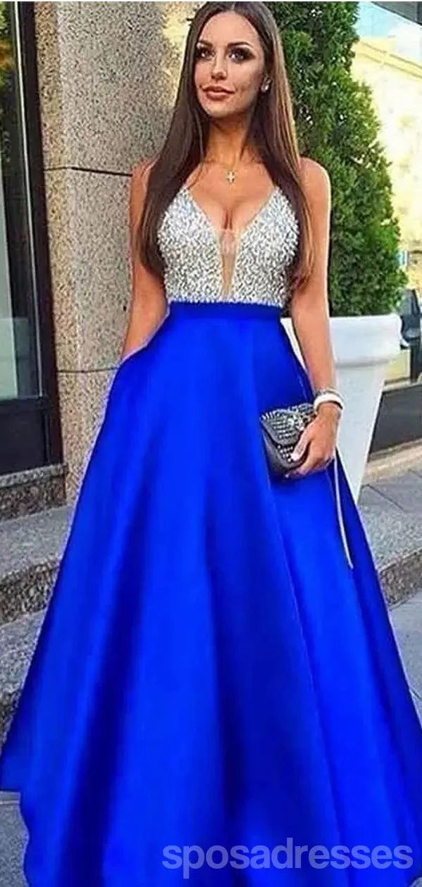 Blue A-line V-neck Cheap Long Prom Dresses Online,Dance Dresses,12909