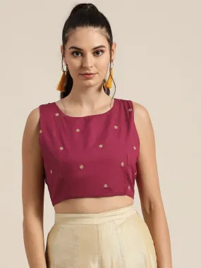 Burgundy Sleeveless Embroidered Crop Top