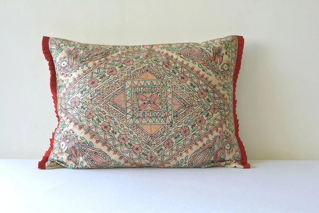 Colourful Hand Painted Madhubani Pillow Cover, Colourful Folk Art Rectangle Pillow Cover, Tussar Silk & Colourful Hand Painted Cushion Cover