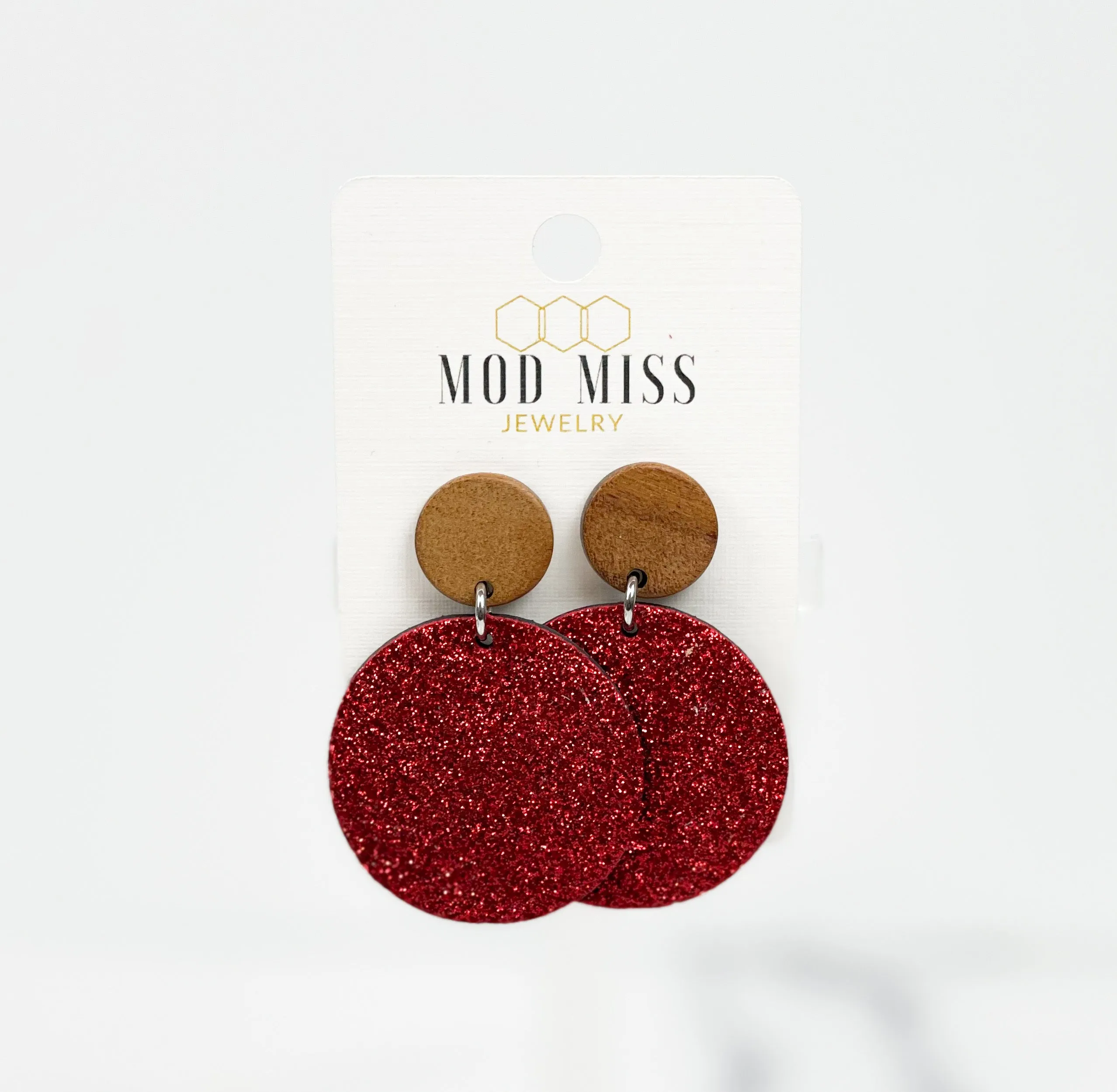 Cork Leather Round Earring Fine Glitter Red