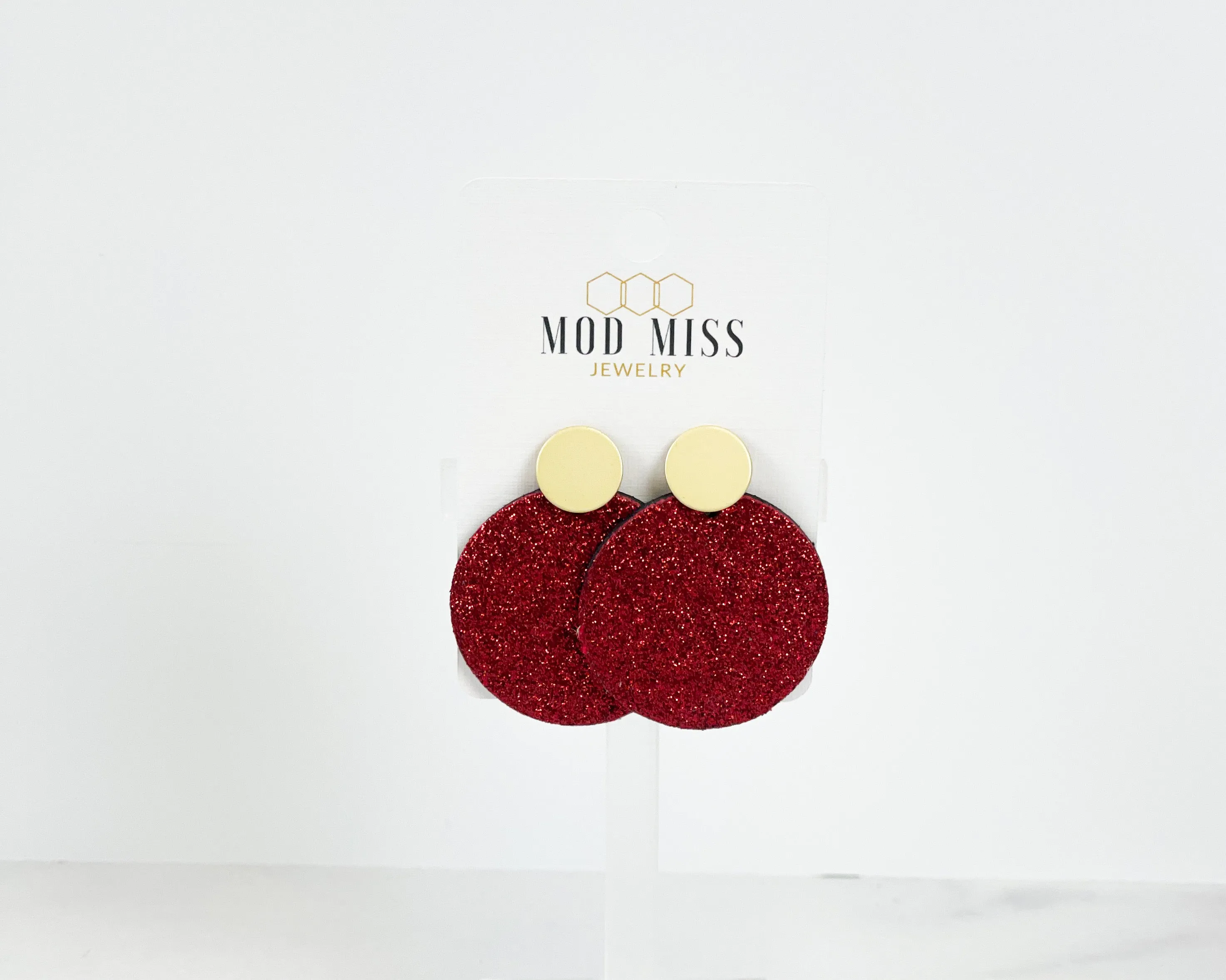 Cork Leather Round Earring Fine Glitter Red