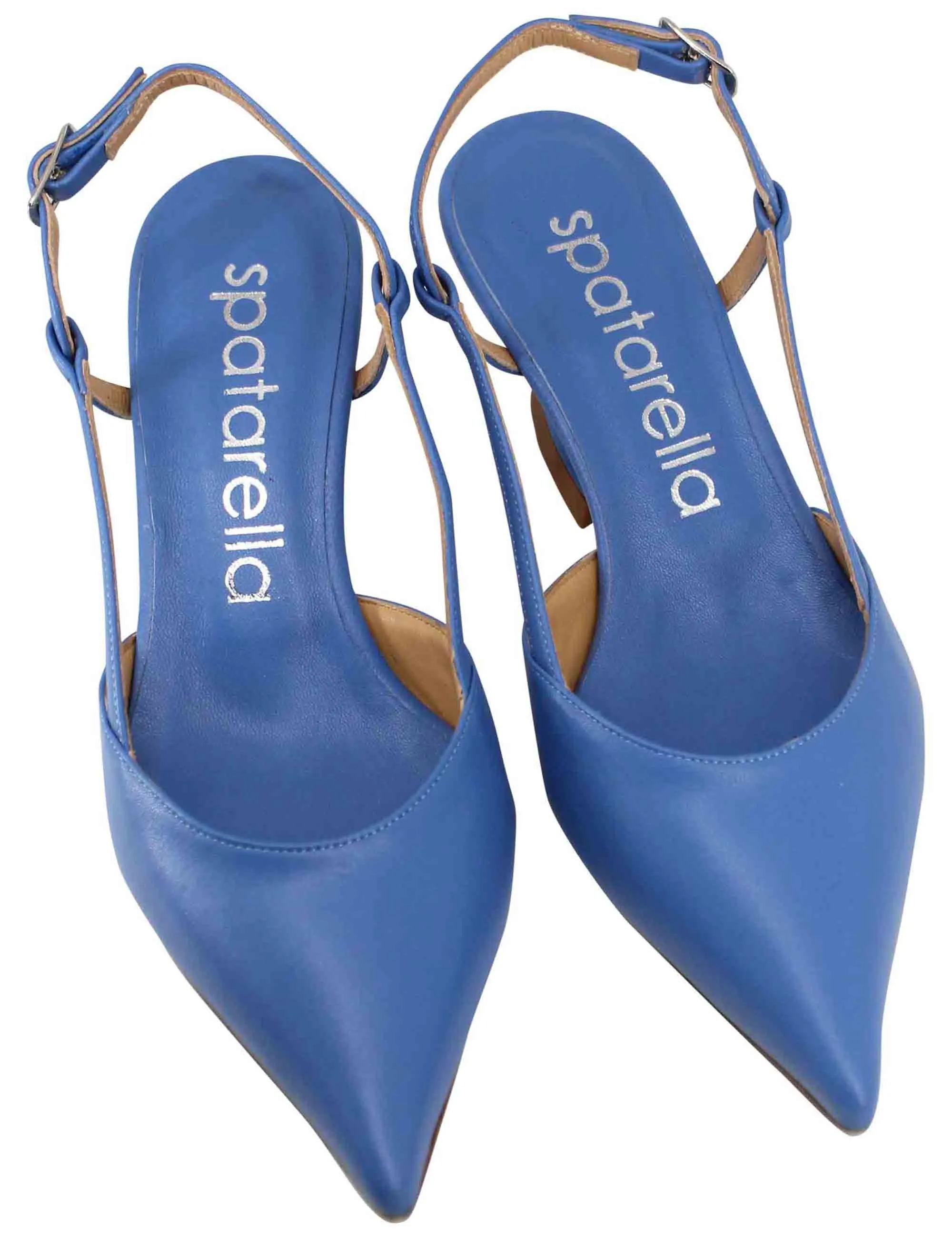 Decollete slingback donna in pelle blu con tacco zeppa