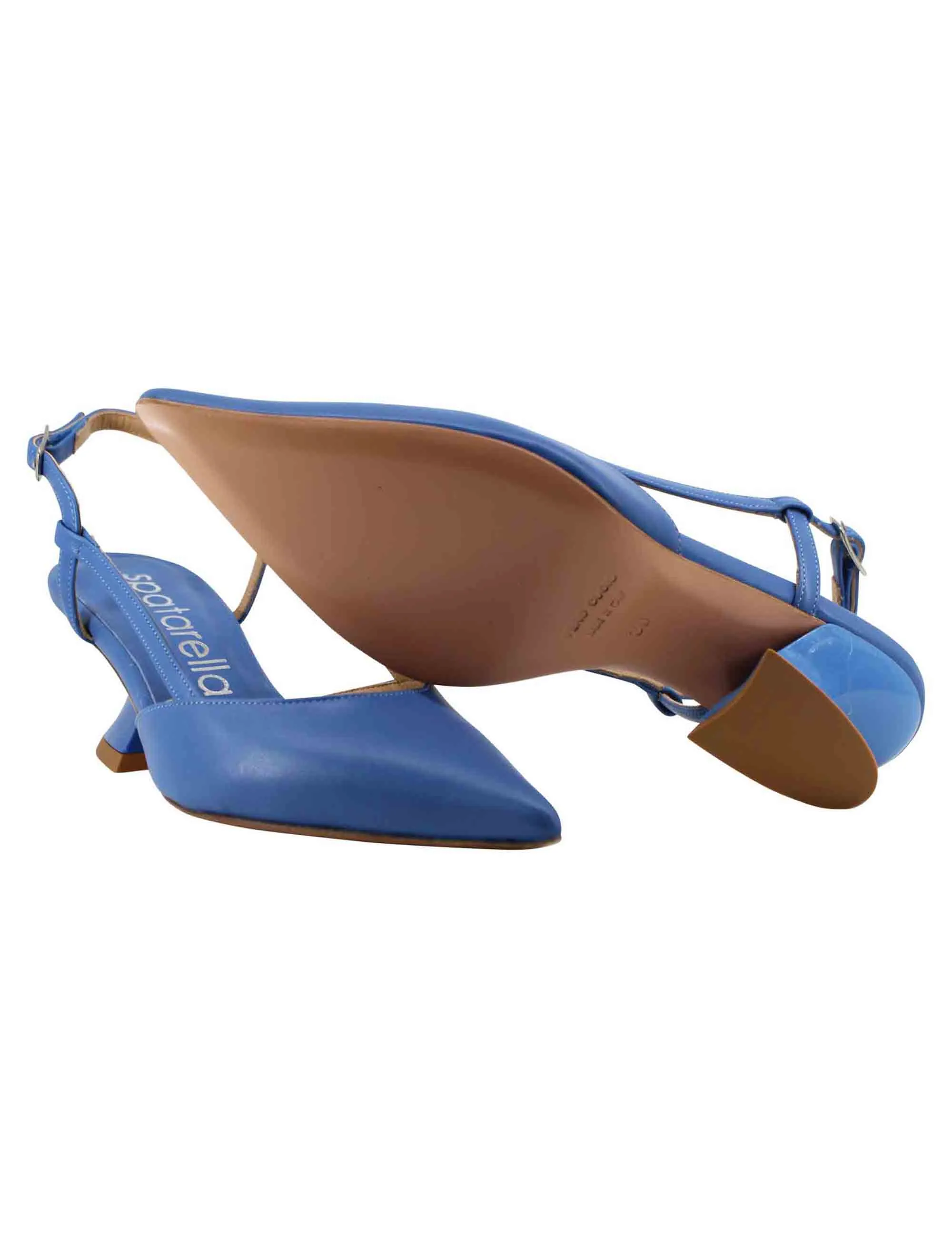 Decollete slingback donna in pelle blu con tacco zeppa