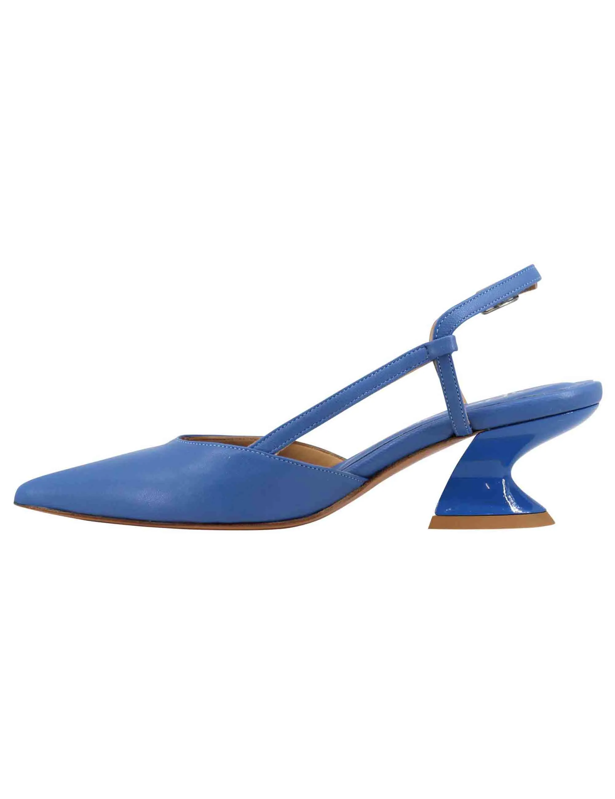 Decollete slingback donna in pelle blu con tacco zeppa