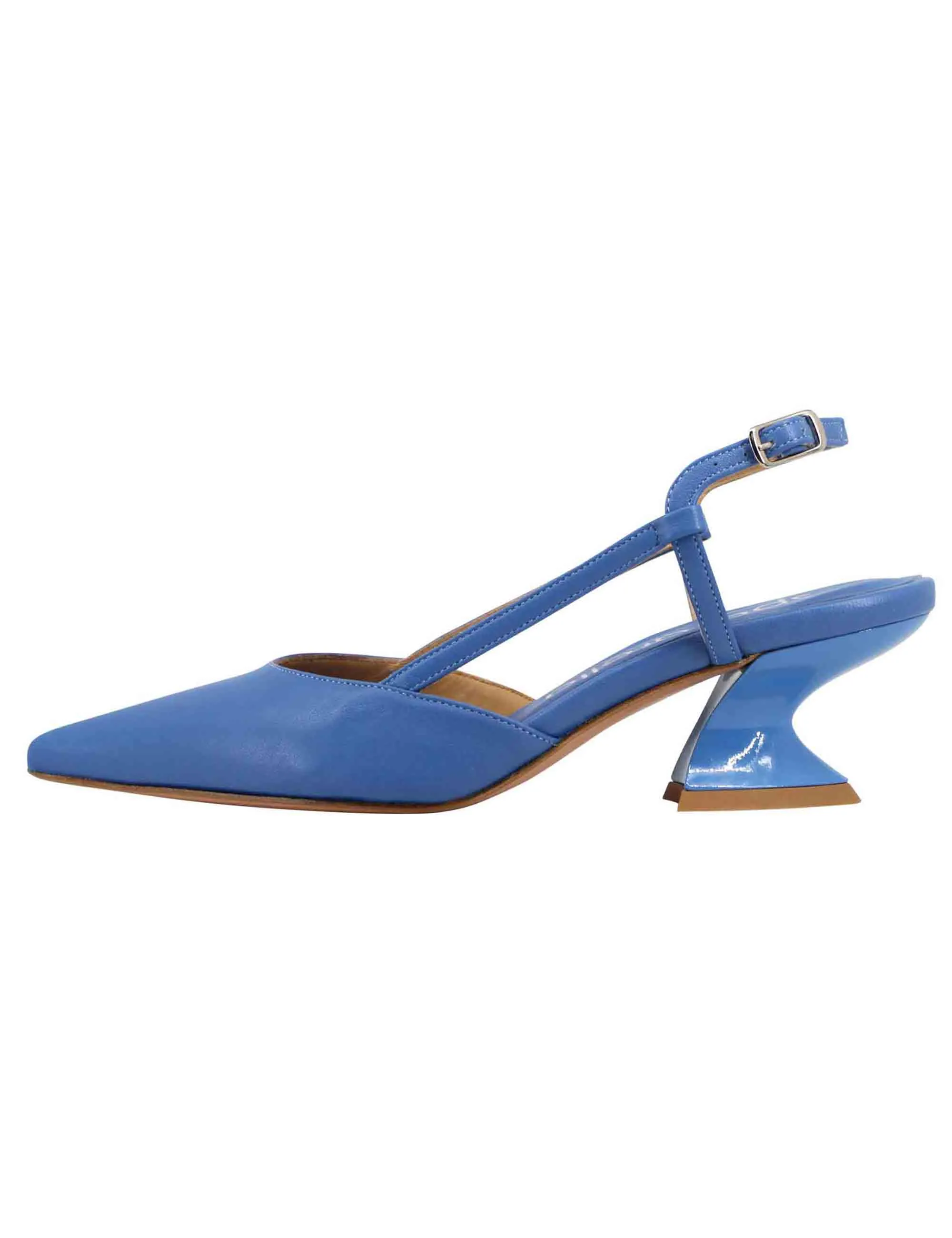 Decollete slingback donna in pelle blu con tacco zeppa