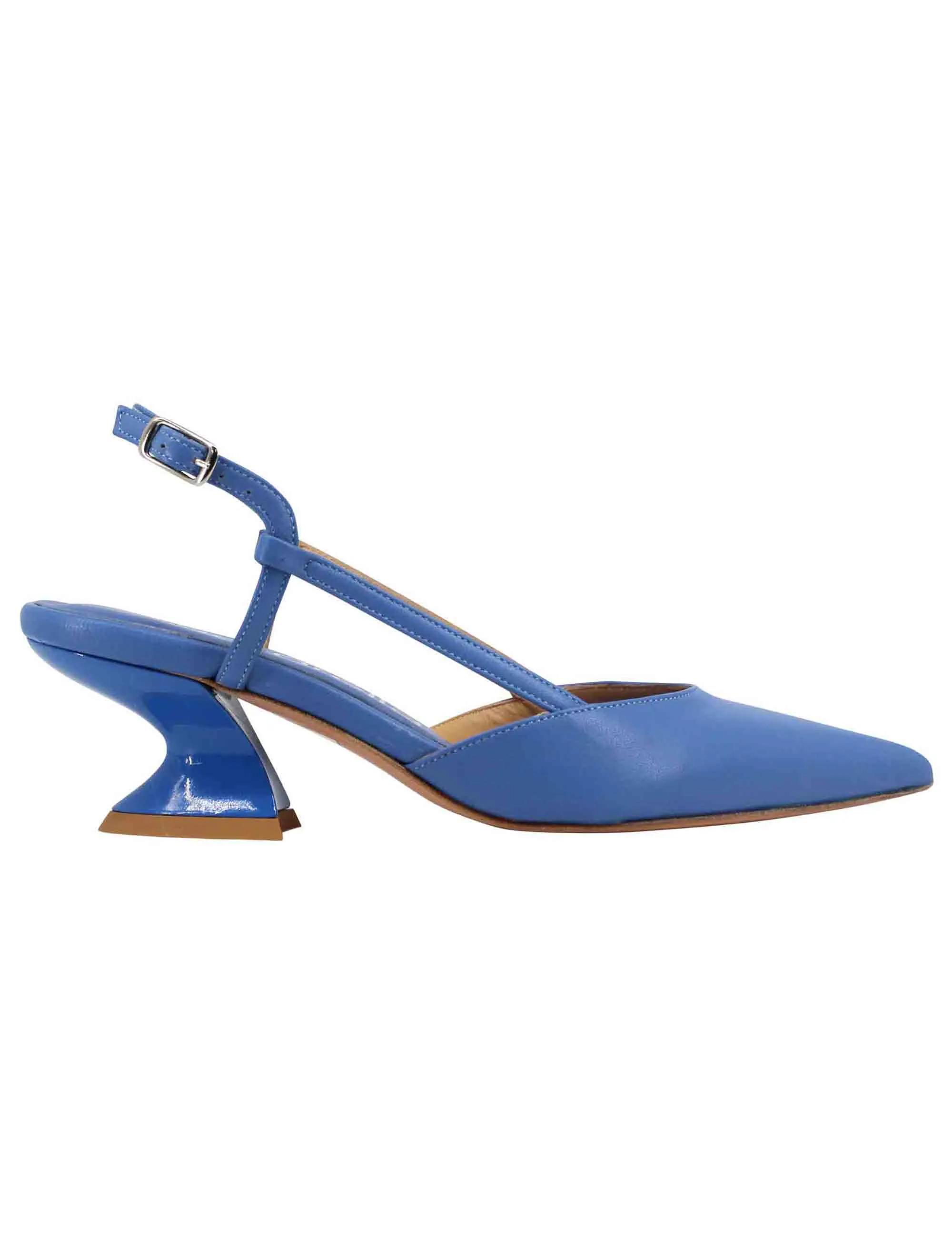 Decollete slingback donna in pelle blu con tacco zeppa