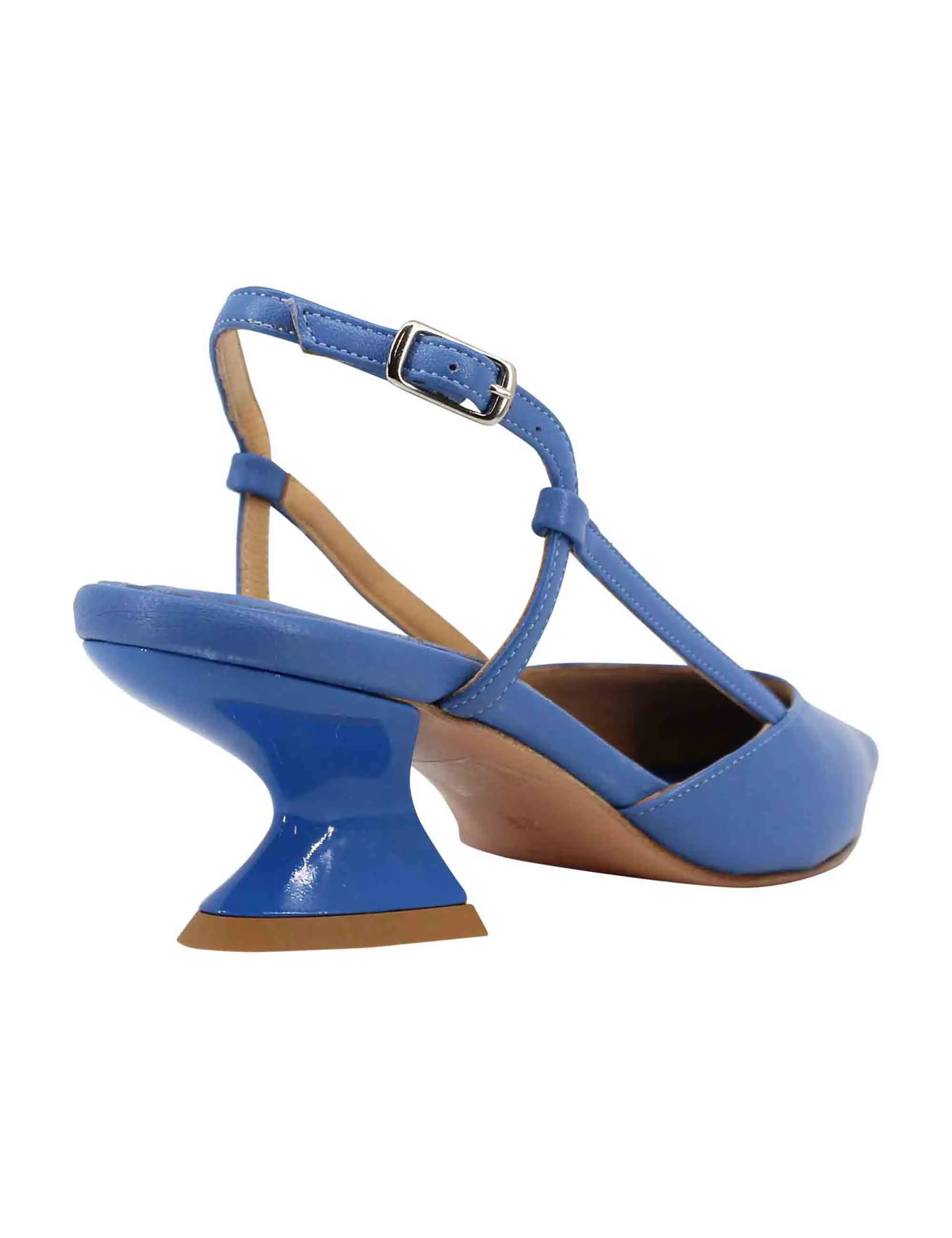 Decollete slingback donna in pelle blu con tacco zeppa