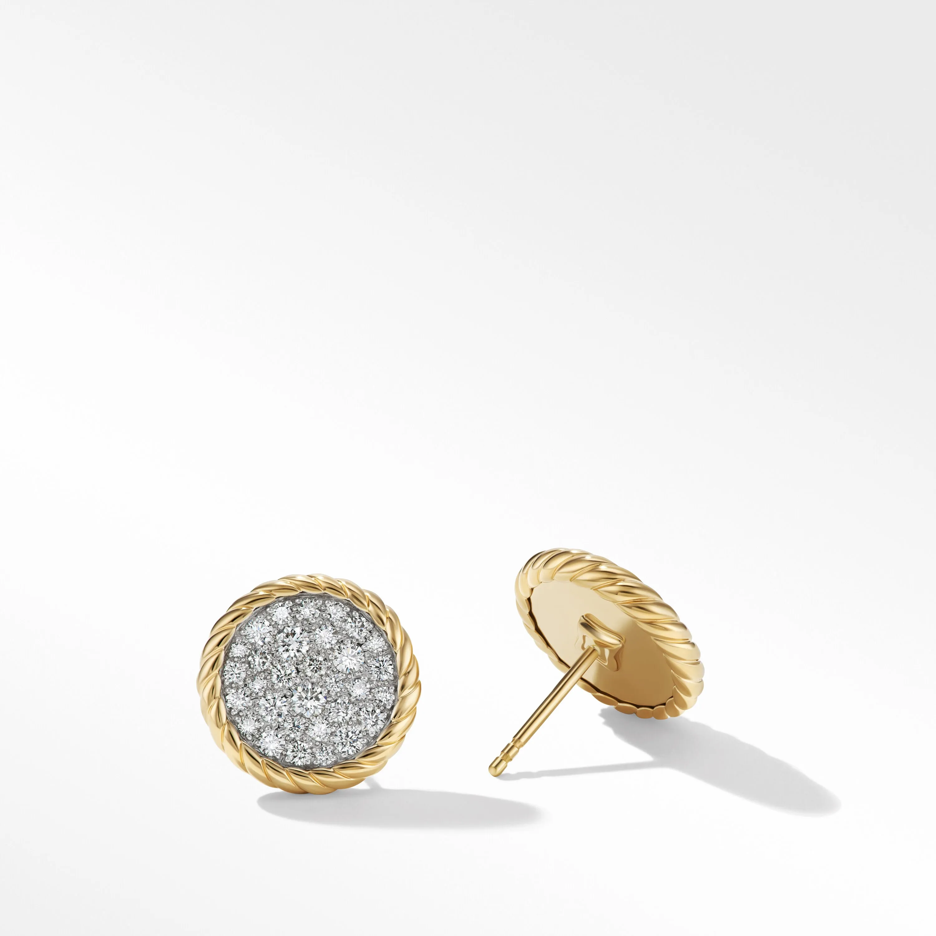 DY Elements Button Stud Earrings in 18K Yellow Gold with Pave Diamonds, 13.6MM