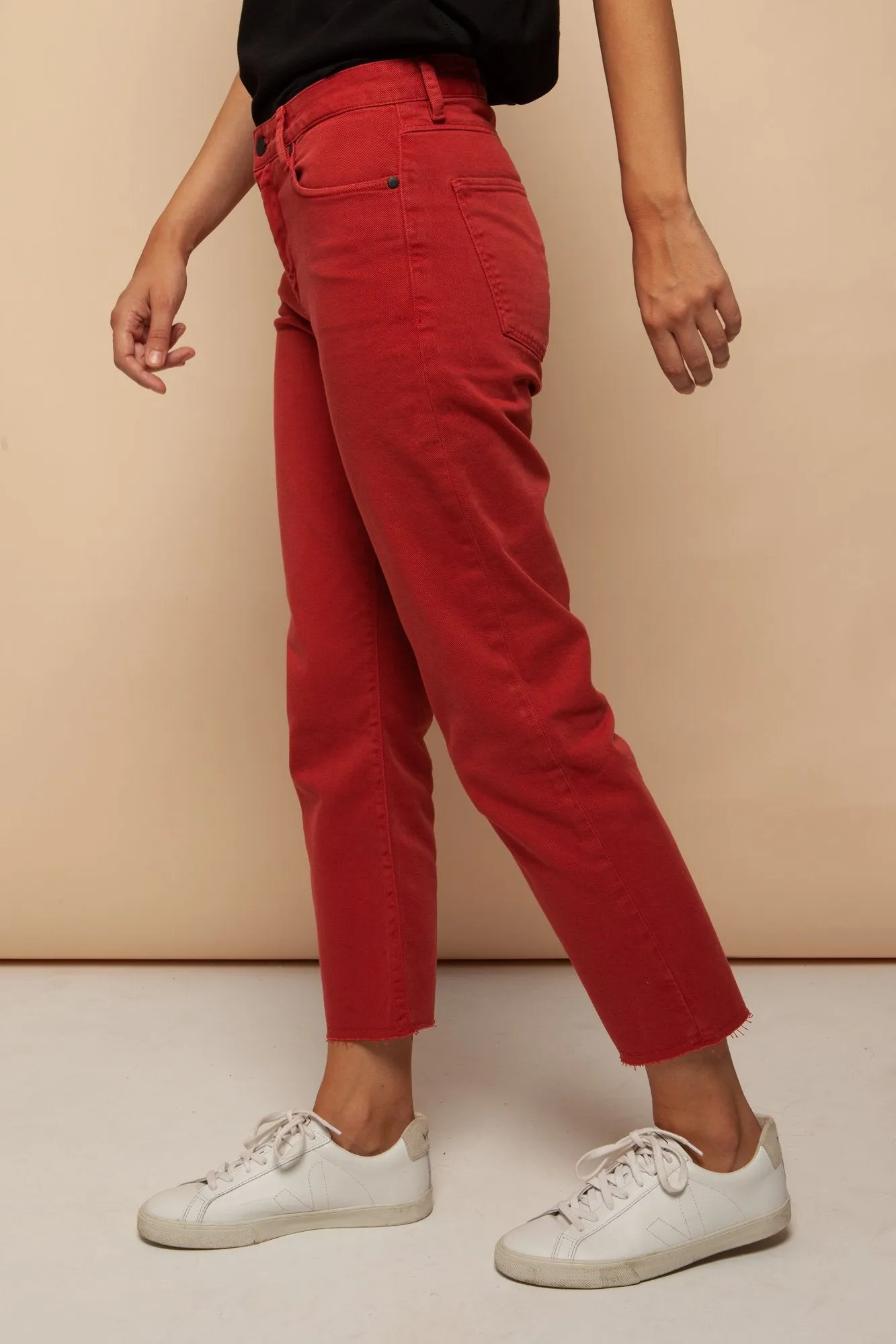 fjellaa cropped denim pants<br> aurora red <br> by ARMEDANGELS