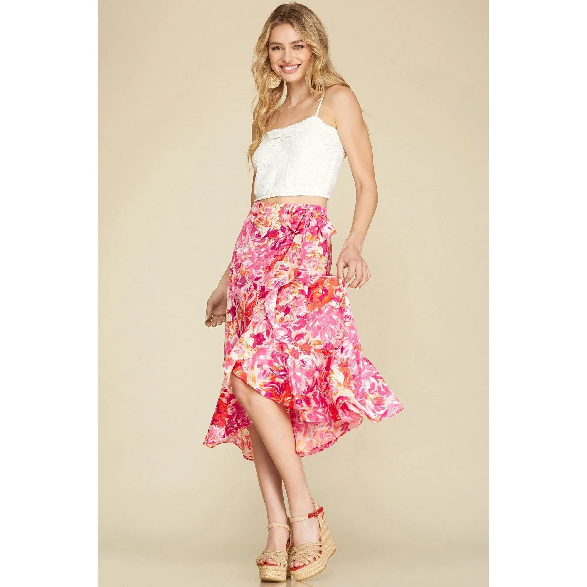 Floral Print Woven Wrap Midi Skirt