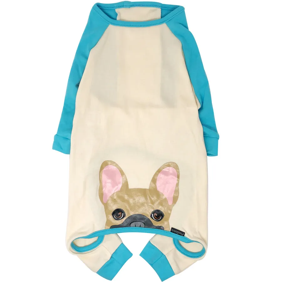 French Bulldog Pajamas in Aqua | Frenchie Clothing | Fawn w Mask Frenchie Dog