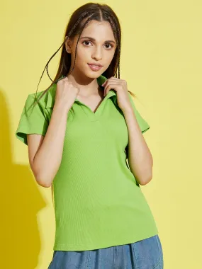 Girls Green Polo Neck Rib Top