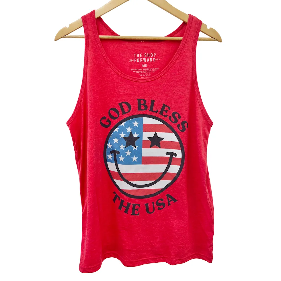 'GOD BLESS THE USA' Happy Face Unisex Tank Top - Red