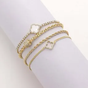 Gold 4 pcs-Mother Of Pearl Quatrefoil Tennis Chain Twisted Metal Chain Layered Bracelets