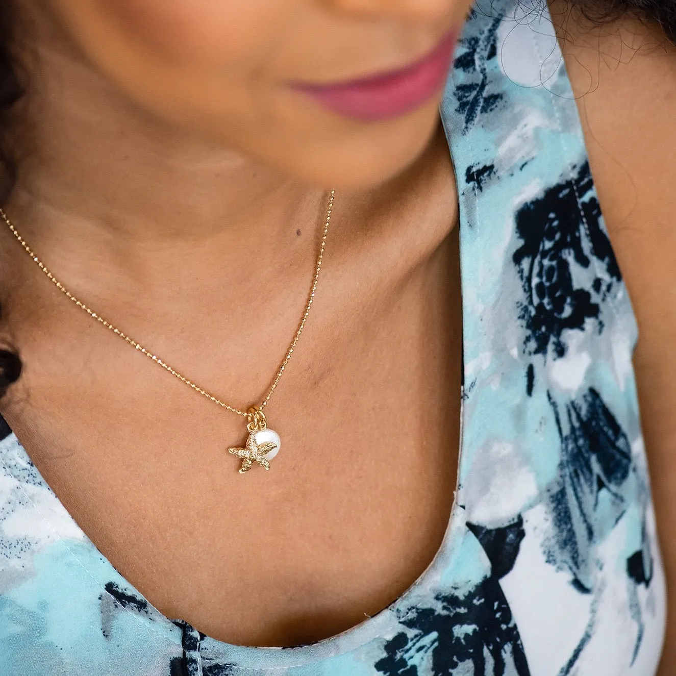 Gold Starfish & Pearl Necklace ~ Gold Filled & Genuine Coin Pearl