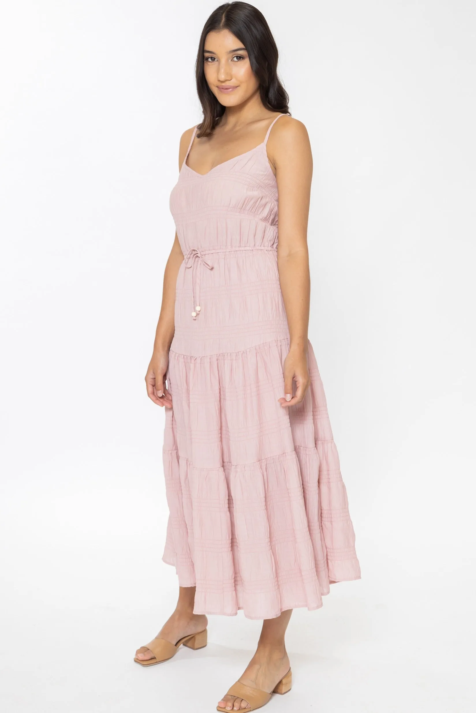 Hope Blush Shirred Tiered Strappy Midi Dress