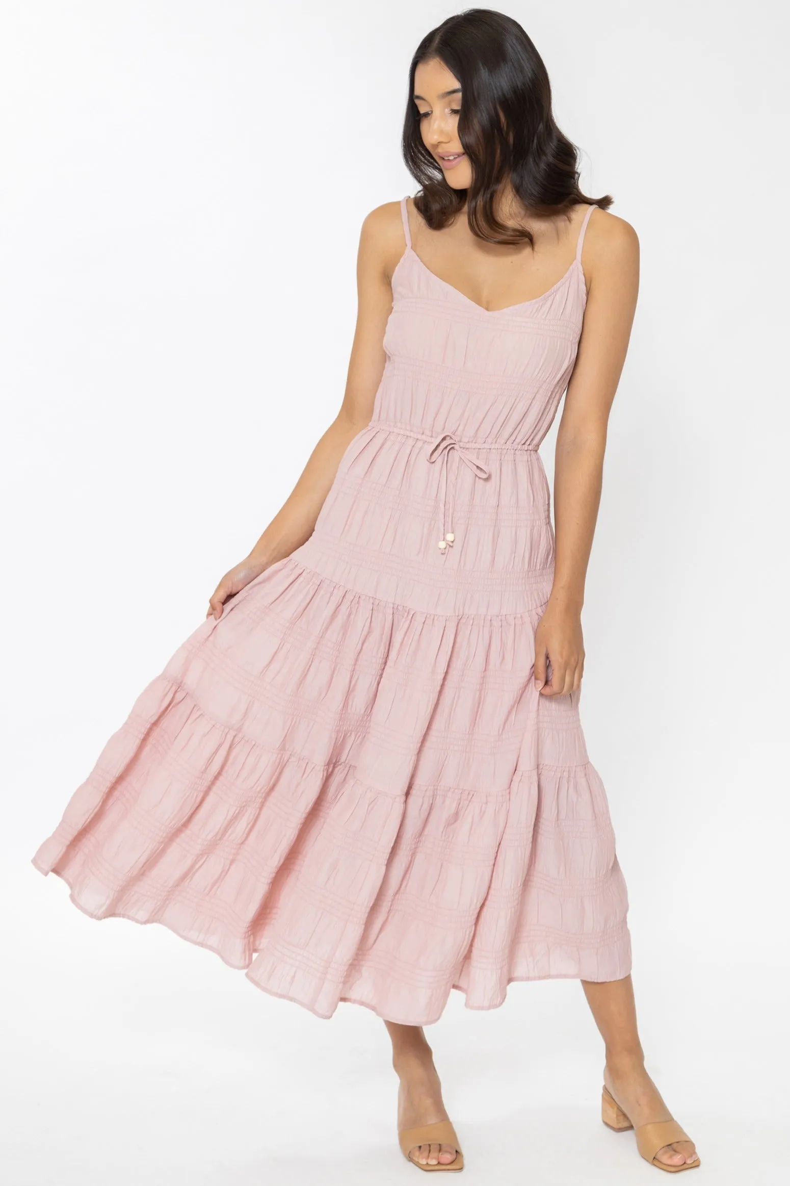 Hope Blush Shirred Tiered Strappy Midi Dress