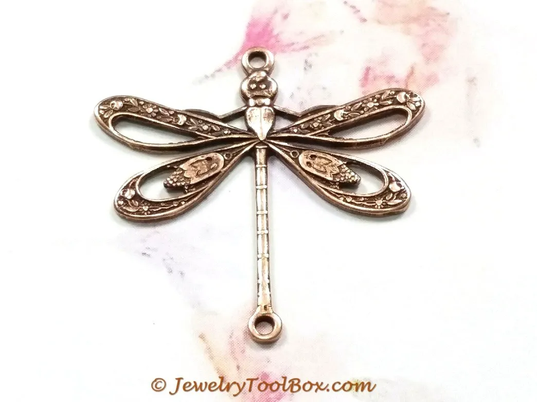 Large Antique Copper Filigree Dragonfly Connector Charm, 2 Loops,  Lot Size 10, #09C