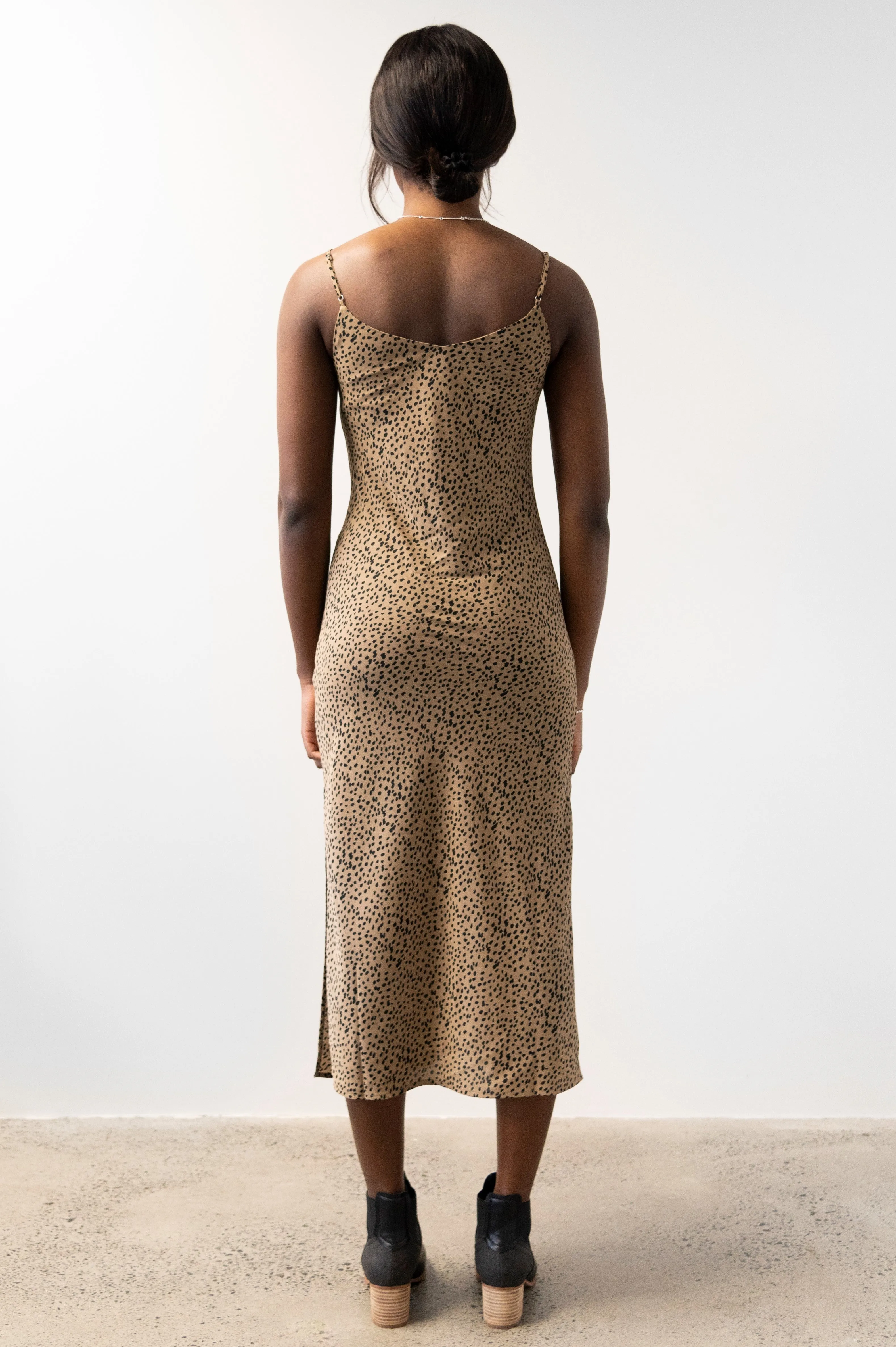 Moonlight Tan Animal V Neck Bias Slip Midi Dress