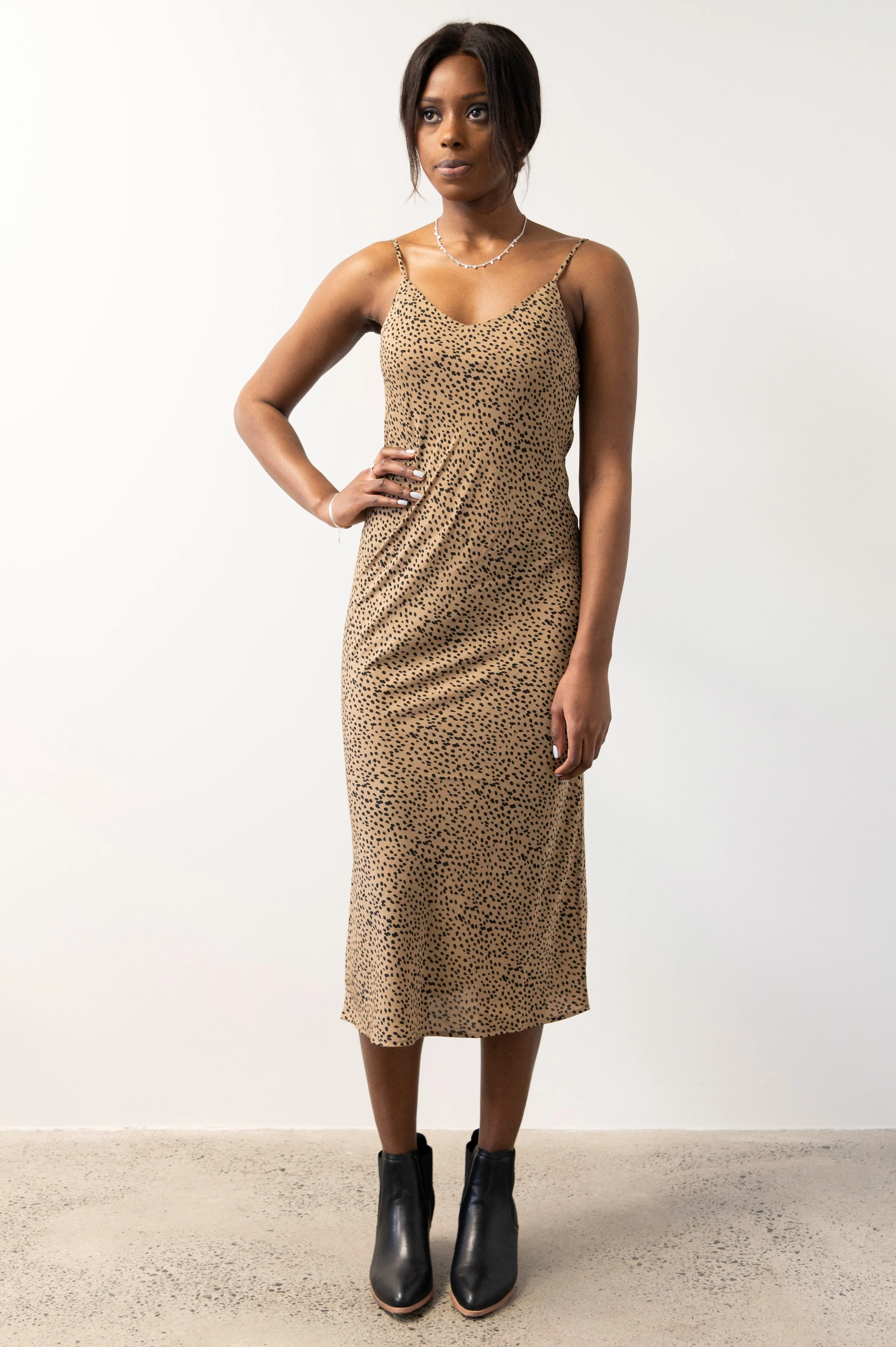 Moonlight Tan Animal V Neck Bias Slip Midi Dress