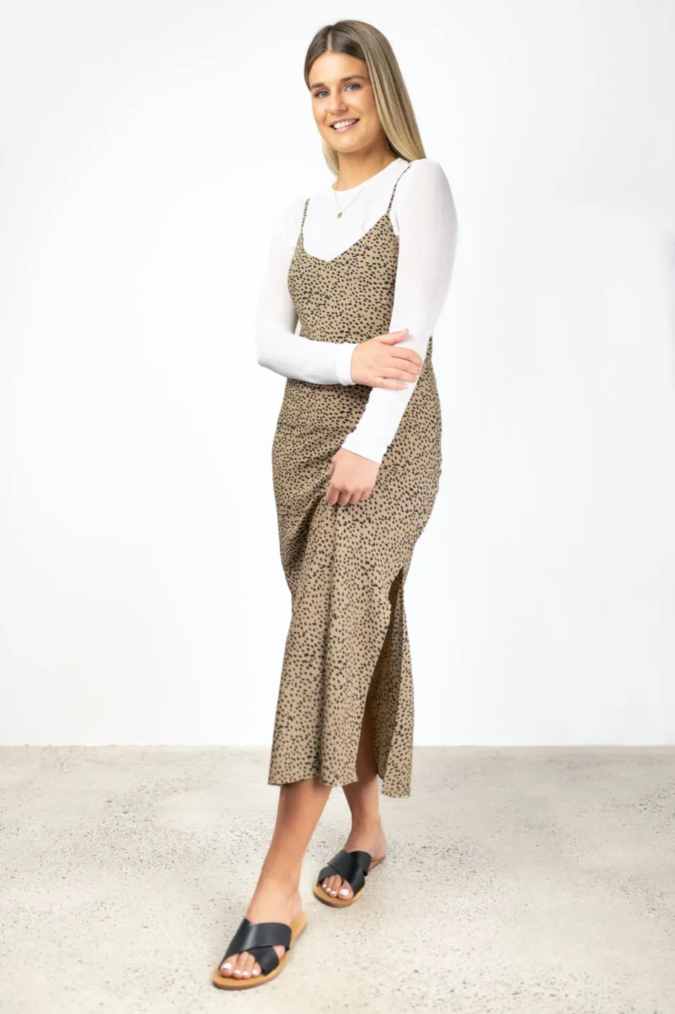 Moonlight Tan Animal V Neck Bias Slip Midi Dress