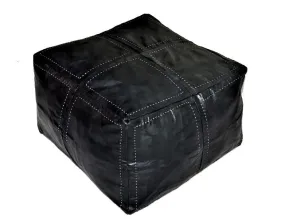 Moroccan Large Leather Pouf / Ottoman - Square - Black - Salwa